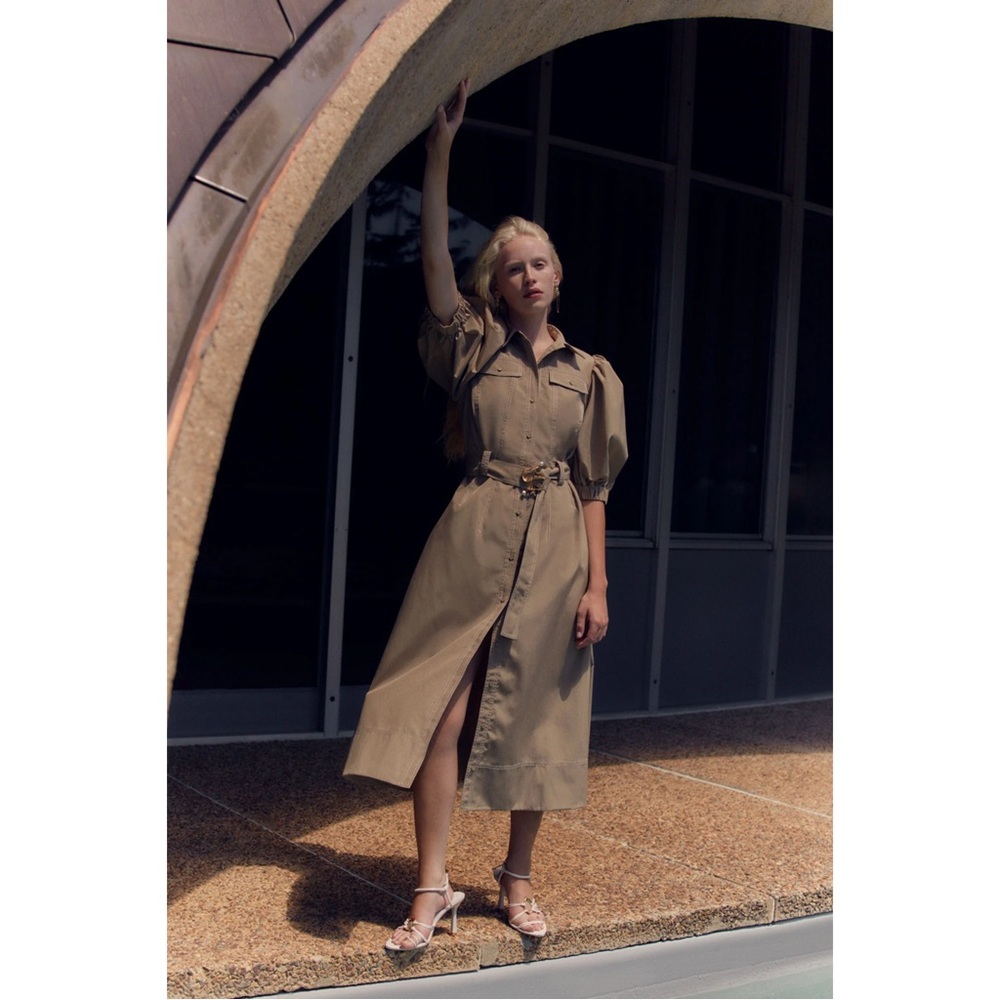 NEW Aje Tan Puff Sleeve Woodland Utility Midi Dress - Picture 7 of 7